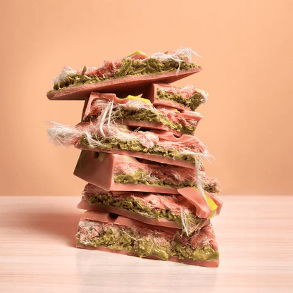 Pink Chocolate Bar with Pistachio Filling, Crunch, and Pismaniye